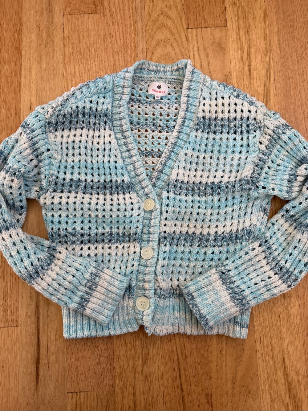 Sundry Light Blue & White Open-Knit Button Cardigan